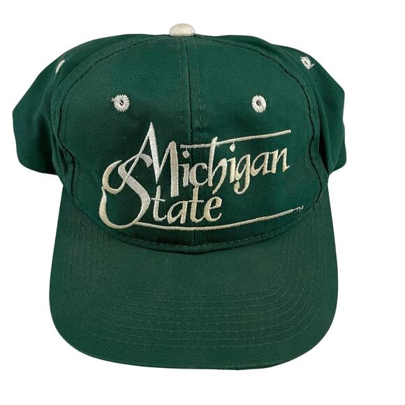 VTG 90s Michigan State Spartans Script Snapback Hat The Game Green White - Picture 1 of 7